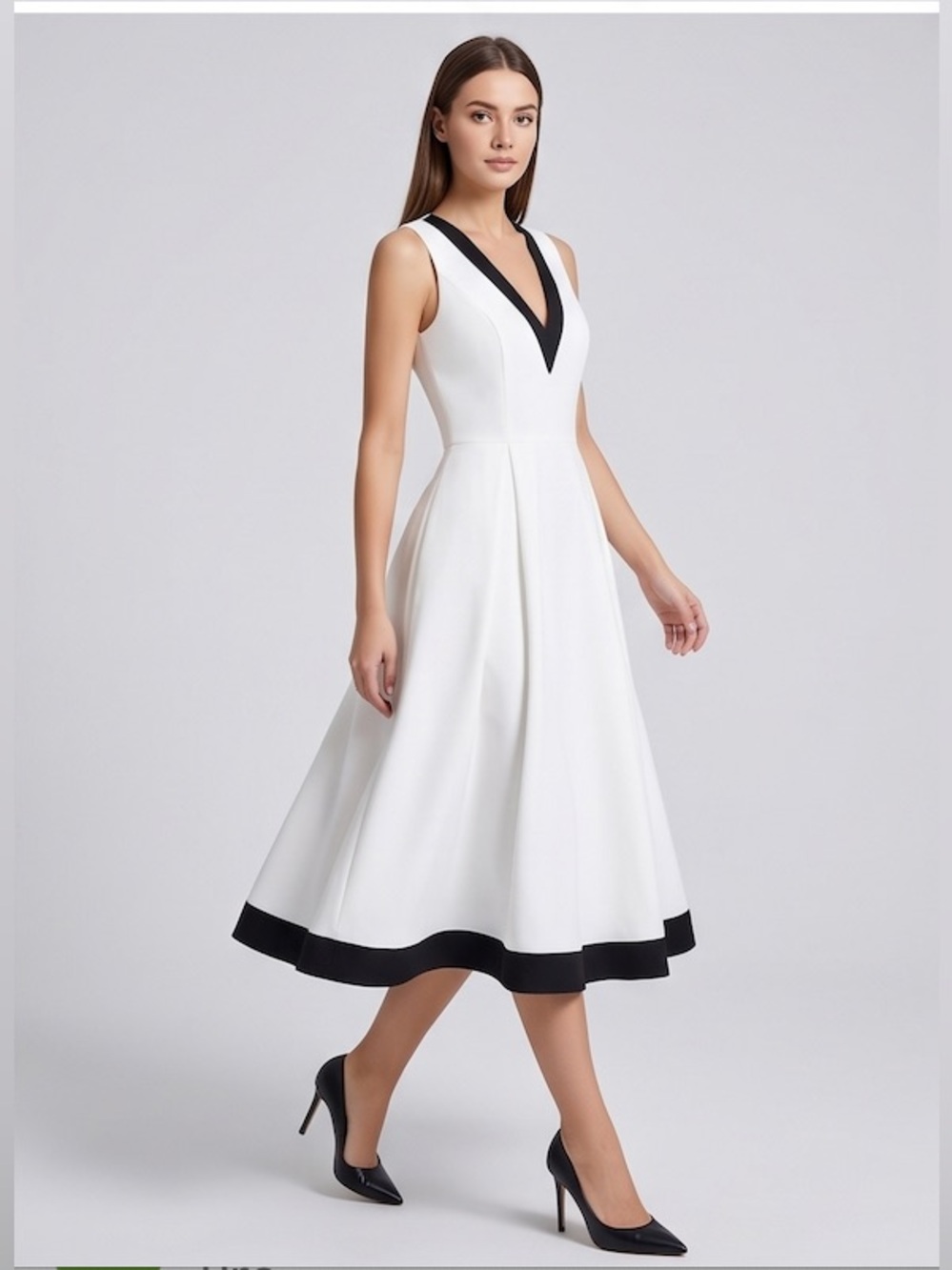 Chic Contrast Trim Pleated Flare Midi Dress with Pockets White/Black - Picture 3 of 7
